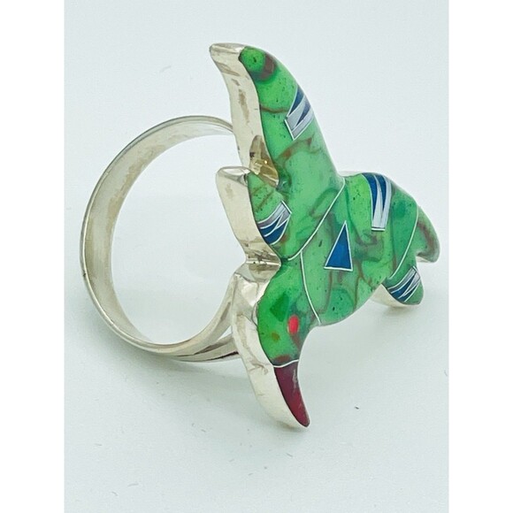 Native American Jewelry Hummingbird Green Turquoise Inlay Ring 925 Zuni *Signed - Picture 2 of 5